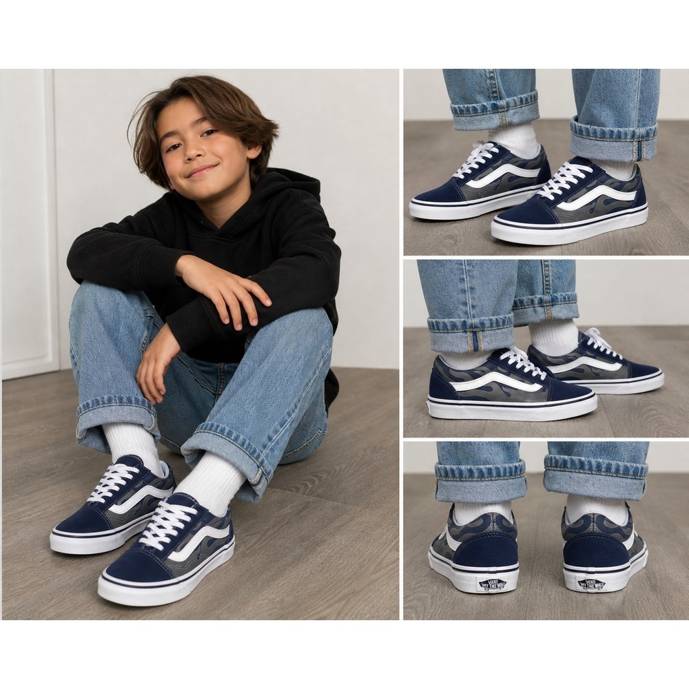 Vans Old Skool Kids 13.5 Navy Blue Flame Sneakers Youth Skate Shoes‎ EU 31 - Picture 2 of 11